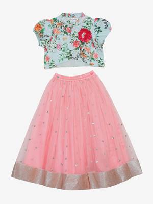 Saka Designs Flowery Print Choli In Blue With Neon Pink Lehenga 4