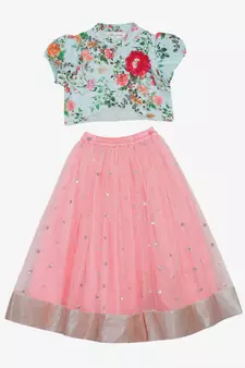 Saka Designs Flowery Print Choli In Blue With Neon Pink Lehenga