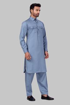 Grey plain cotton poly pathani-suits