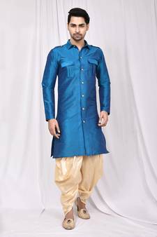 Blue plain art dupion silk pathani-suits