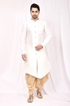 White plain art dupion silk islamic-kurta-pajama