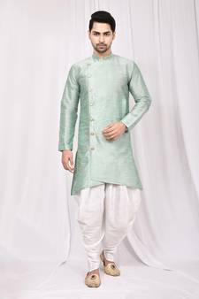 Green plain art dupion silk islamic-kurta-pajama