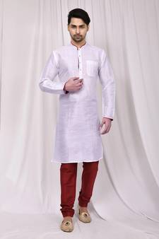 White plain art dupion silk kurta-pajama