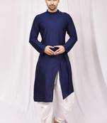 Blue plain art dupion silk islamic-kurta-pajama