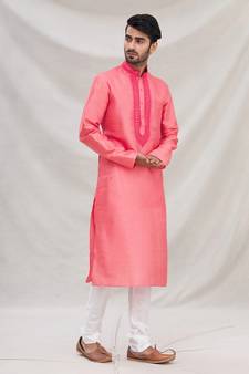 Pink plain art dupion silk kurta-pajama