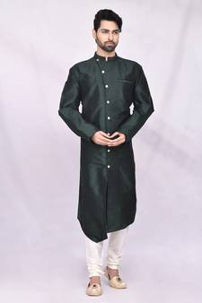 Black plain art dupion silk kurta-pajama