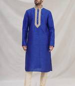 Blue plain art dupion silk kurta-pajama