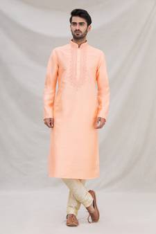 Multicolor plain art dupion silk kurta-pajama