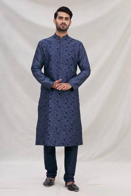 Blue plain art dupion silk kurta-pajama 1