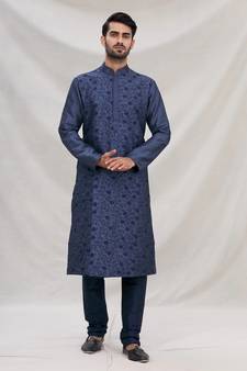 Blue plain art dupion silk kurta-pajama