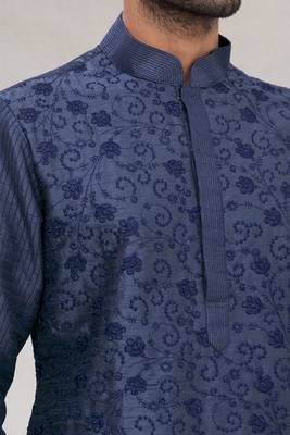 Blue plain art dupion silk kurta-pajama 2