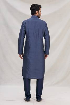 Blue plain art dupion silk kurta-pajama 3