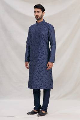 Blue plain art dupion silk kurta-pajama 4
