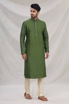 Green plain art dupion silk kurta-pajama