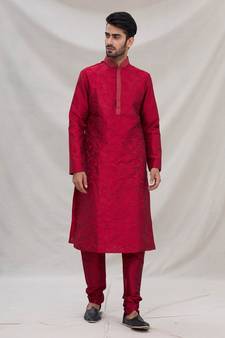 Maroon plain art dupion silk kurta-pajama