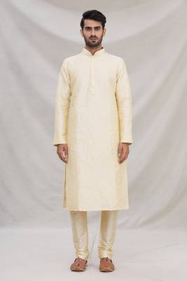 Fawn plain art dupion silk kurta-pajama 4