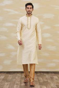 Fawn plain art dupion silk kurta-pajama