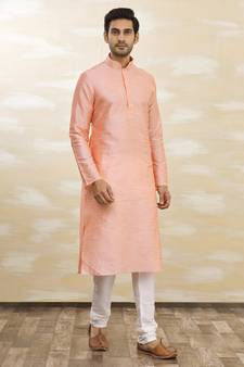 Pink plain art dupion silk kurta-pajama