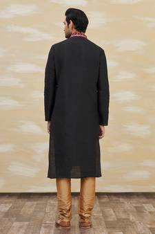 Black plain art dupion silk kurta-pajama