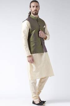 Green plain art silk nehru-jacket