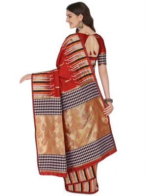 Red woven Banarasi silk blend saree with blouse 2