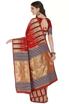 Red woven Banarasi silk blend saree with blouse