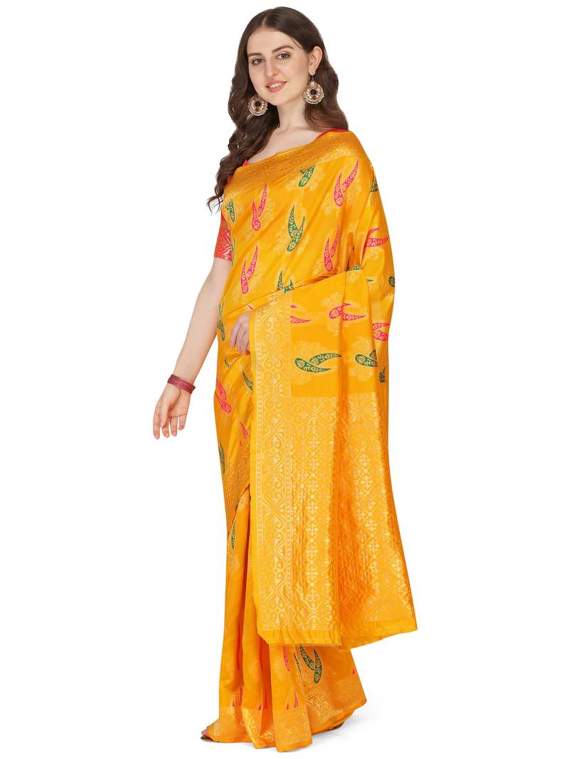 Yellow woven banarasi cotton saree with blouse
