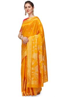 Yellow woven banarasi cotton saree with blouse