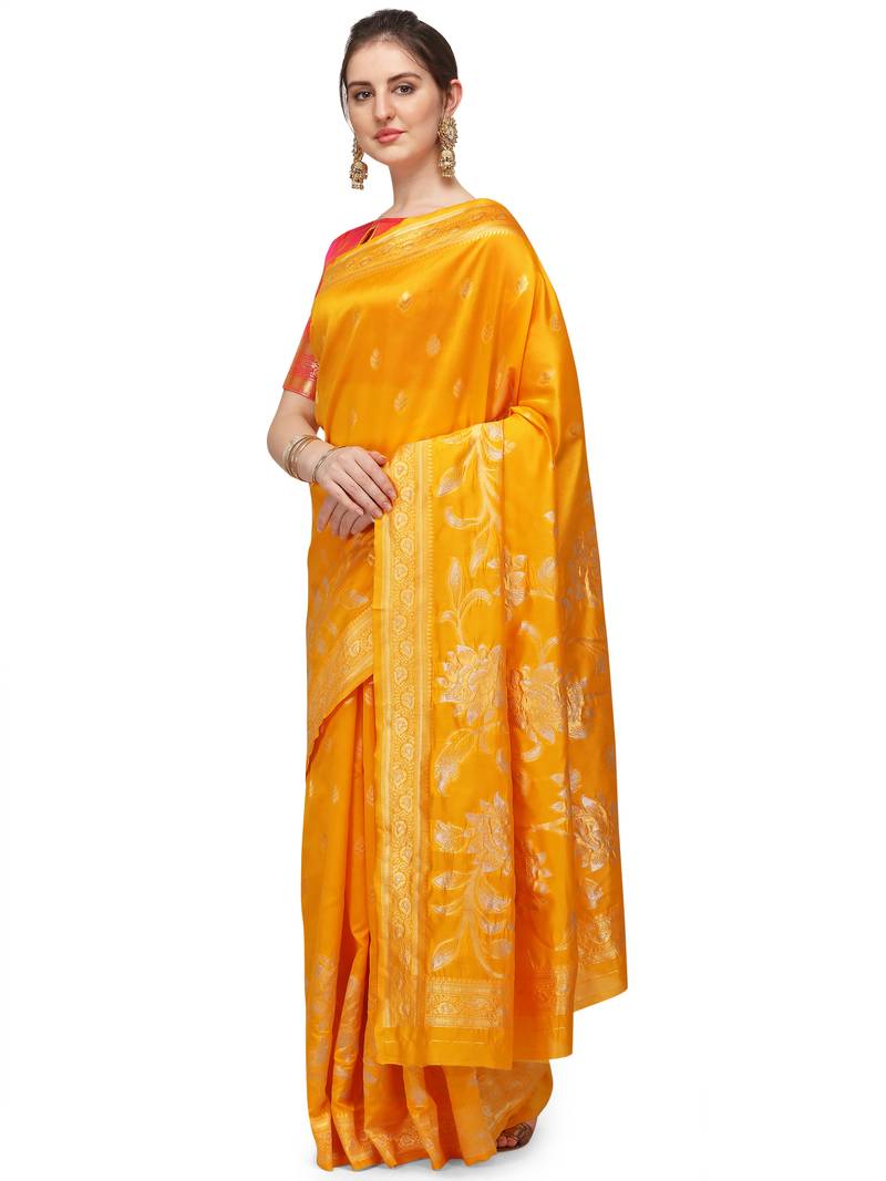 Yellow woven banarasi cotton saree with blouse
