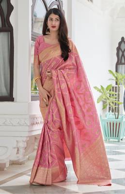 Pink woven silk saree with blouse 1