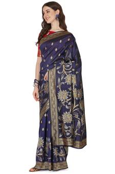 Blue woven banarasi cotton saree with blouse