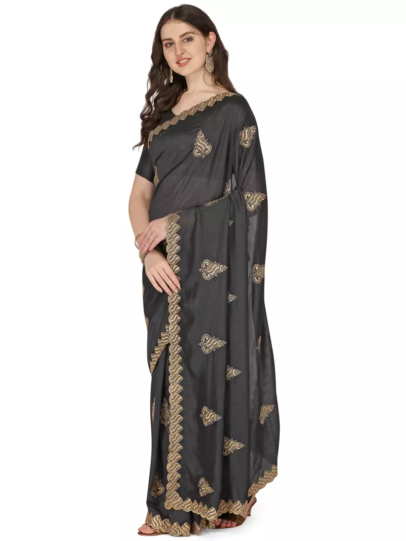 Black embroidered silk saree with blouse