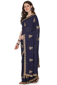 Blue embroidered silk saree with blouse