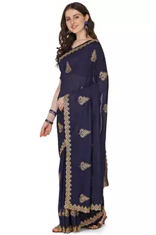 Blue embroidered silk saree with blouse