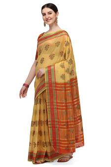 Yellow woven jacquard saree with blouse