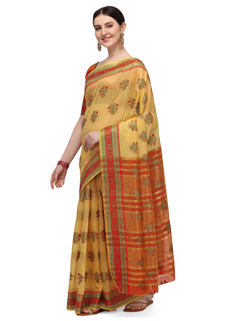 Yellow woven jacquard saree with blouse