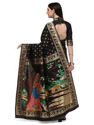 Black woven Banarasi silk blend saree with blouse 2