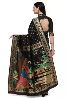 Black woven Banarasi silk blend saree with blouse