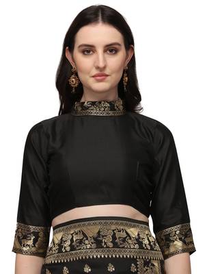 Black woven Banarasi silk blend saree with blouse 4