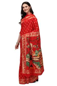 Red woven banarasi silk saree with blouse