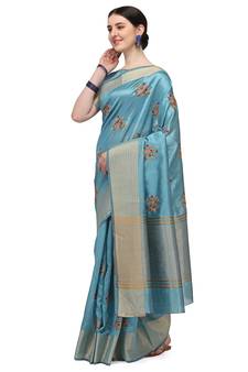 Light blue embroidered cotton saree with blouse