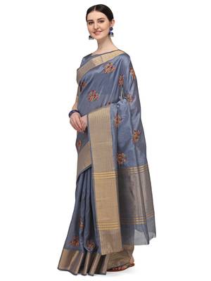 Grey embroidered cotton saree with blouse 1