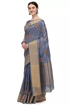 Grey embroidered cotton saree with blouse