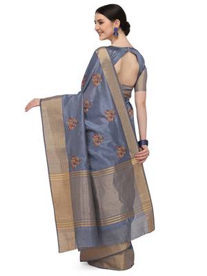 Grey embroidered cotton saree with blouse 2
