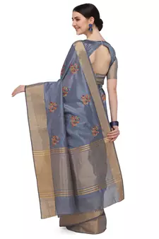 Grey embroidered cotton saree with blouse