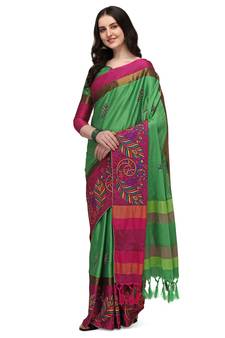 Pink embroidered cotton silk saree with blouse