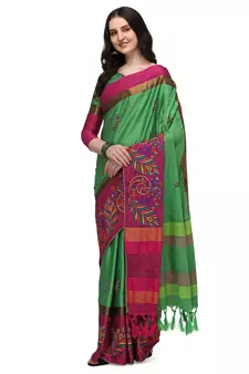 Pink embroidered cotton silk saree with blouse