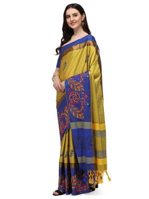 Yellow embroidered cotton silk saree with blouse 1