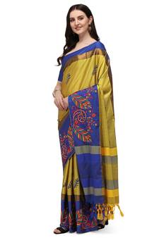 Yellow embroidered cotton silk saree with blouse