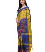 Yellow embroidered cotton silk saree with blouse